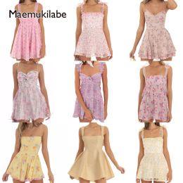 Dresses Maemukilabe Women Y2K Sleeveless Mini Dress Fairy Vintage Floral Print Spaghetti Strap Bodycon Dresses Sexy Low Cut Short Dress