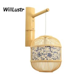 China Style Bamboo Wall Light Vintage Blue And White Porcelain Pattern Aisle Staircase Doorway Corridor Creative Handmade Sconce2149