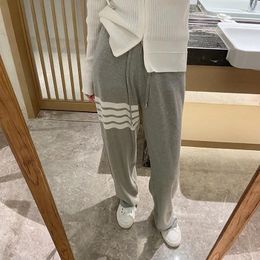 Women's Pants Wool Knit White Four-bar Sweat Stretch Waist Striped Slim Straight Leg Unisex Couples Casual Trousers Trend