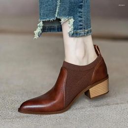 Dress Shoes Autumn Soft Work Women Mid Heels Stretch Pointed Toe Slip On Brown Khaki British Style Dropship