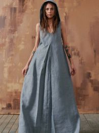 Dresses Long Dresses for Women Casual Loose Summer Sleeveless Dresses Vintage Linen Front Pleat Maxi Dress with Hooded Pleated Vestidos