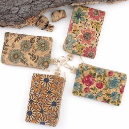 DHL200pcs Coin Purses Lady Retro Cork Floral Priinting Square Short Ear Line Wallets Mix Colour