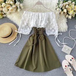 2024 Sexy Off Shoulder Patch Summer Short Skirt Party Flower Chiffon Slim Fit Waist Lace Top Womens Casual A-Line Beach Dress 240220