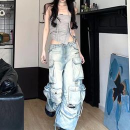 Women's Jeans Women's Deeptown Y2k Streetwear Vintage Ripped Baggy Low Rise Gyaru Pocket Punk Denim Cargo Pants Kpop Stacked Trousers