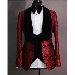 Men's Suits Black With Burgundy Paisley Men 3 Pieces Slim Fit Costume Homme Groom Tuxedos Wedding (Blazer Pants Vest)