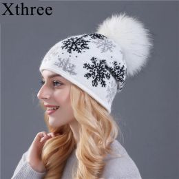 Snapbacks Xthree Real Mink Pom Poms Wool Rabbit Fur Knitted Hat Skullies Winter Hat for Women Girls Hat Beanies Christmas Snow Hat