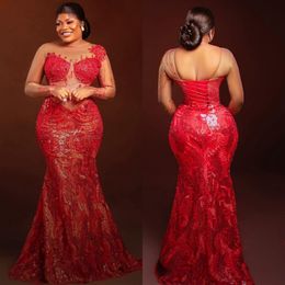 Plus Size Aso Ebi Prom Dresses Mermaid Lace Long Sleeves Evening Dresses Elegant Formal Dress Beaded Crystals Second Reception Gowns Birthday Party Gown NL532