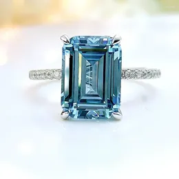 Cluster Rings Fashionable Artificial Navy Blue Emerald Cut S925 Silver Ring Engagement Gift Versatile Niche Sweet Women's Jewellery