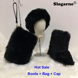 Cloches Women's Faux Fox Fur Boots Fur Bag Fur Cap Hat Winter Fashion Sets Female Luxury Furry Snow Boots Plush Warm Shoes Fluffy Bottes