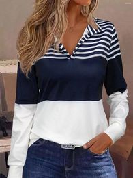 Women's T Shirts 2024 Autumn Winter Color Block Striped Turn-Down Collar Blouse Womens Fashion Long Sleeve Clothes Femininas Outdoor Y2K