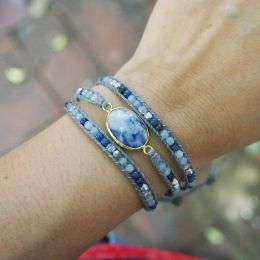 Bracelets Drop Shipping Vintage 3 Times Blue Mixed Natural Stone Crystal Beadwork Stackable Adjustable Wrap Wrist Bracelet Jewellery Gift