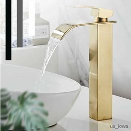 Zlew łazienki krany szczotkowane złoto wysoki zlew łazienkowy kran wodospad kran łazienki do zlewów naczynia pojedynczy uchwyt łazienkowy próżność kran