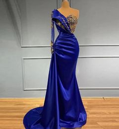 Evening Gown Prom Dresses Party Formal Trumpet One-Shoulder Long Sleeve Sequins Applique Beaded Crystal Satin Royal Blue Pleat Custom Plus Size Zipper Lace Up New