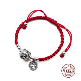 Bangles La monada 23cm 925 Silver Rope Bracelets Women Lucky Animal Retro FU Chinese Red Thread Line String Bracelets For Women Girl