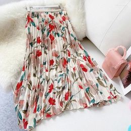 Skirts 2024 Summer Large Women's Elastic Waist Pleated Printed Chiffon Swing Skirt With Lining