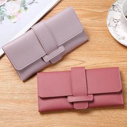 Wallets Multifunctional Snap Button PU Leather Women Long Hasp Fold-over Coin Purses Solid Colors Ladies Thin Clutch Phone Bag