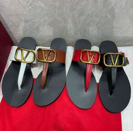 Designer Woman Brand Sandals Metal V Buckle Flip Flops Slippers Real Leather Women Luxurys Slides Fashion Causal Slipper Size 35-42 Designer Sandals888