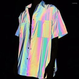 Men's Casual Shirts Spring Summer Rainbow Reflective Men Short Sleeve Shirt Street Hip Hop Punk Blouse Man Night Light Colourful Tops