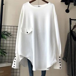 Women's T Shirts Autumn Winter Button Patchwork Asymmetrical Shirt Tops Long Sleeve O-Neck Loose Pullovers Casual Fashion Women Clothing