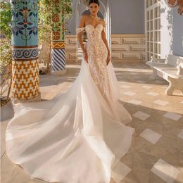 Sukienki z syreną Odłączany pociąg 2024 Off Rame Lace Appliques Sukienka na ślub 2 w 1 suknia ślubna Vestido de noiva Plus Size 328 328