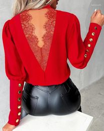 Women's T Shirts Casual Top Women Clothing Buttoned Eyelash Lace Patch Spring Summer 2024 Solid Slim Backless Long Sleeve Blouse