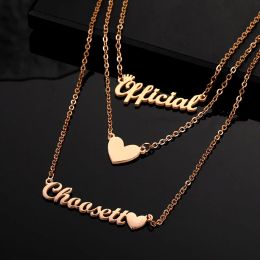 Necklaces Custom Name Necklace Stainless Steel Personalised Multilayer Name with Crown Necklaces for Women Heart Pendant Jewellery Gift