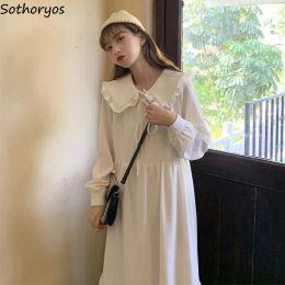 Dresses Women Long Sleeve Dress Peter Pan Collar Bow Button Midcalf Elegant Sweet Solid Loose School Style Womens Dresses Fashion Chic