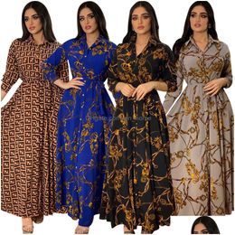 Basic Casual Dresses Fashion French Elegant For Women Summer Retro Print Muslim Dubai Abaya Lapel Single-Breasted Long Sleeve Shir Dh1Rt