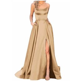 Dresses Women's Long Ball Dresses Halterneck Backless Aline Crisscross Satin Spaghetti Strap Party Prom Dress Side Wedding Pockets