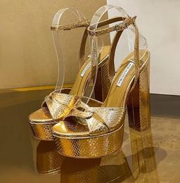 Luxury Designer sandal Sinner Plateau Gold Women's metallic feeling Platform High heeled sandals chunky block Ankle Strap Pumps Evening shoes 35-43