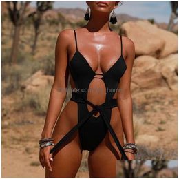 Women'S Swimwear Sexy Black One Piece Swimsuit Female Bathing Suit Brazilian Thong Bikini 2021 Push Up Bandage Women Monokini String Dhhej