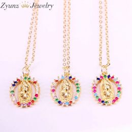 Necklaces 10PCS, Fashion Micro Paved CZ Stone Jewellery Golden Rainbow Crystal Jesus Religious Charm Pendant Necklace