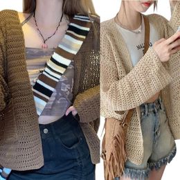 Women's Jackets And Comfortable Solid Color Knit Open Front Cardigan With Pockets Fashionable Hollow Out Tops For Women N7YE