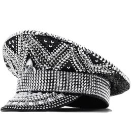 Masks Luxury Rhinestone Women Wedding Bride Captain Hat Black Military Hat Sergeant Hat Hen Festival Birthday Part Hat