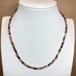 Necklaces 4MM Faceted Tourmaline Necklace Rainbow Multicolor Gemstones Natural Stones Beaded Gold S925 Silver Collier Women BOHO Necklace