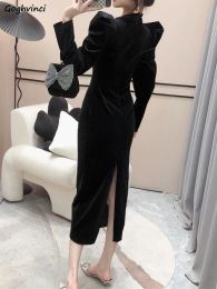 Dresses French Black Velvet Long Dresses Women Puff Sleeve Temper Elegant Sexy Bodycon Dress Fashion Classy Ladies Party Gown Vestidos