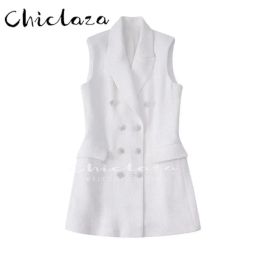 Sets Chiclaza 2022 Spring Autumn Women Fashion Tweed Textured Decoration Long Vest Coat Female Leisure Double Breasted White Tops