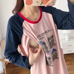 Dresses Spring MidCalf Length Home Feeding Dresses Withe Long Sleeve Contrast Colour 95% Cotton Pregnant Wear Nursing Clothes 5028B