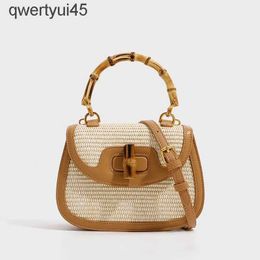 Shoulder Bags Fasion Straw Woven Women Small andbags Splicing Design Lady Saddle and Bags Wit Bamboo andleH24220