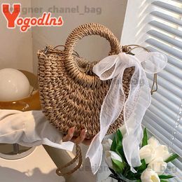 Totes Yogodlns Str Woven Crossbody Shoulder Bag For Women Handmade Small Purse Handbag Bohemia Ladies Summer Rattan Beach Bag bolsa T240220