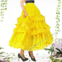 Skirts 2024 Hong Kong Fashion Lace Fairy Princess Layered Cake Kawaii Cute Midi Chic Yellow Mesh Puffy Tutu Skirt Plus Size