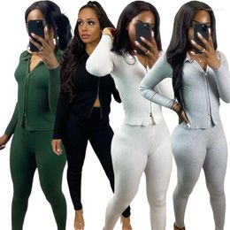 Women's Two Piece Pants Fitness Knitted Women 2 Set Solid Long Sleeve Zipper Crop Top Skinny Matching 2024 Autumn Active Tracksuits