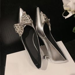 Dress Shoes Luxury Rhinestone Bowtie Fairy High Heel Shoe 2024 Spring Women Pump Pointed Toe Shallow Small Party Single