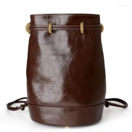 School Bags 2024 Chain Oil Wax Cowhide Bucket Bag Backpack Versatile Women's For Women