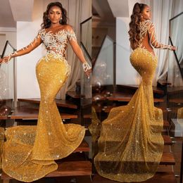 Sparkly Sequined Mermaid Prom Dresses Beaded Evening Gowns Long Sleeves Sheer Bateau Neckline Sweep Train Special Occasion Formal Wear