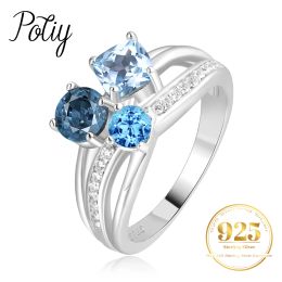 Rings Potiy Infinity Genuine Natural Swiss London Sky Blue Topaz 925 Sterling Silver 3 Stones Luxury Ring for Women Fine Jewelry
