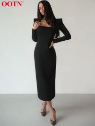 Dresses Oo Elegant Black Bodycon Dress Stretch Square Neck Long Sleeve Party Dresses Women Spring Split Midcalf Solid Sexy Dress 2022