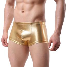 Underpants Mens Faux Leather Boxers Pure Color Breathable Comfortable Intimate Underwear Erotic Lingerie For Sex U-Convex Shorts Gay