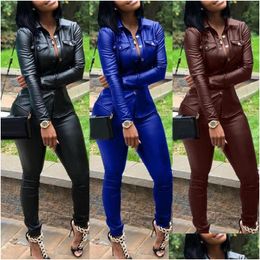 Two Piece Dress 5 Colour S-Xxxl Winter Overalls Pu Leather Shirtaddpencil Pant Tracksuit Fashion Sexy Women Set Pieces Jumpsuit Casua Dhhlf