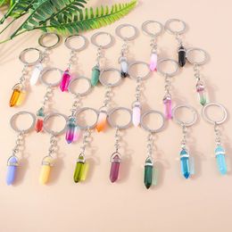 New Colourful Natural Hexagonal Colum Stone Key Chains Bullet Shape Quartz Crystal Key Chain Ring For Women Men Handbag Jewellery